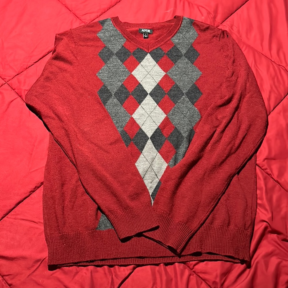 Red, grey argyle sweater